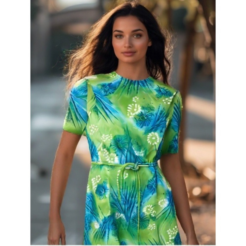 1950s Neusteters Floral Belted Dress Short Sleeve Zip Blue Green Size Small NEW